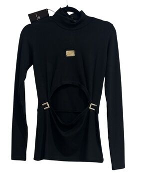 Black Long-Sleeve Cutout Mock Neck Top with Gold Hardware